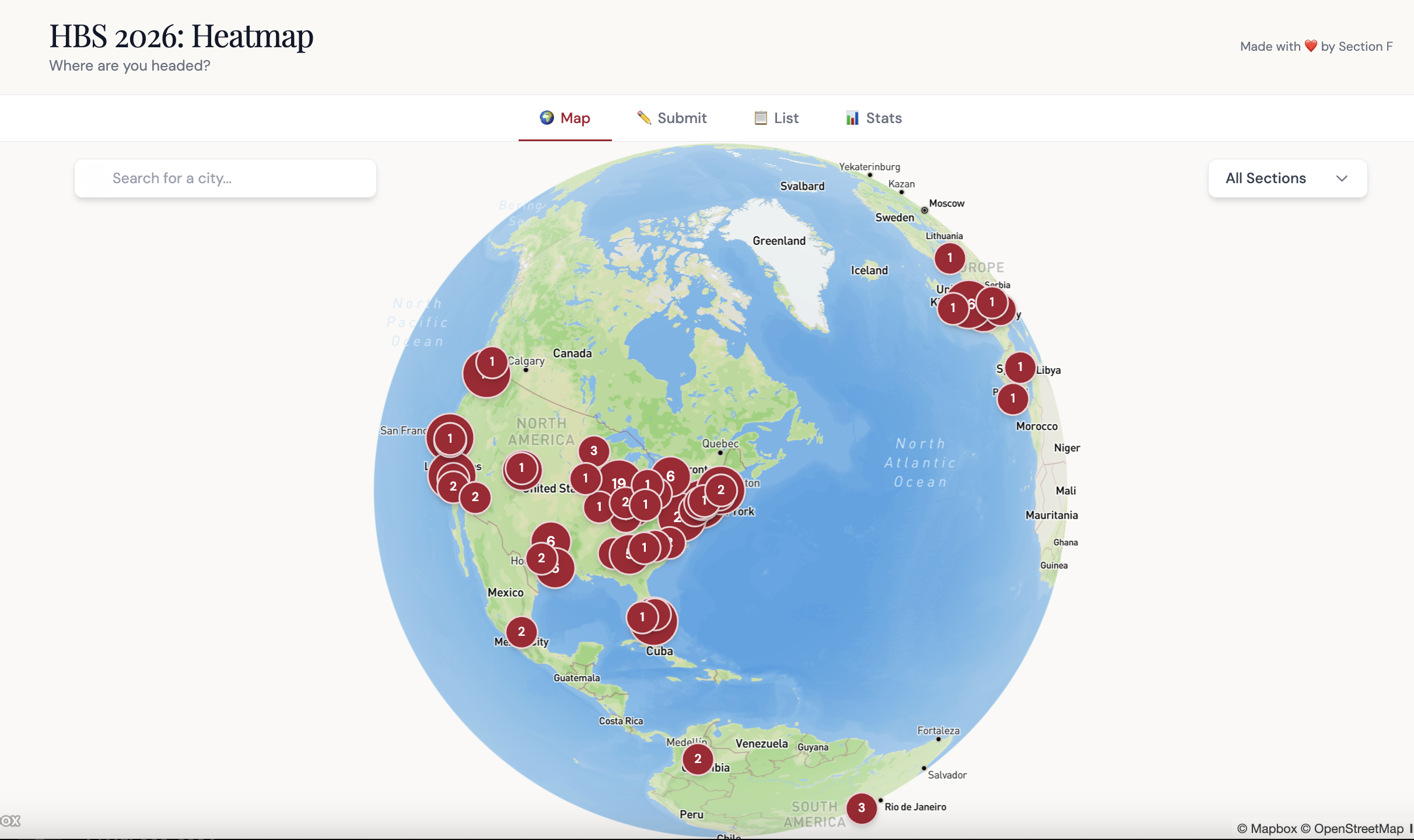 A spinning globe where classmates search for a city and pin themselves to it. Built on Mapbox in an afternoon.